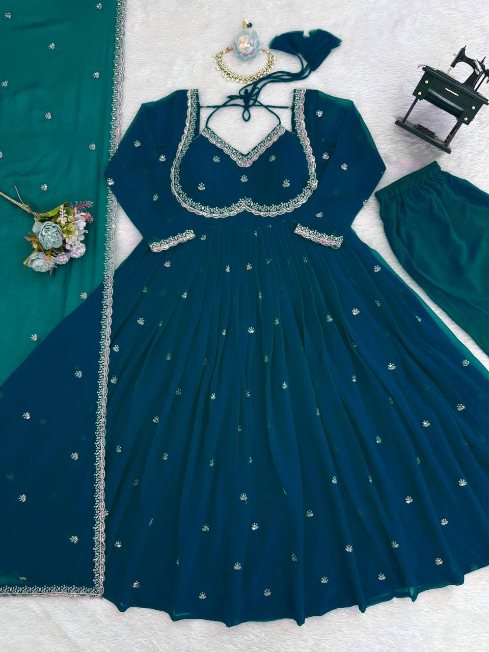 Designer Bottle Green Gown With Sequence Embroidery Work