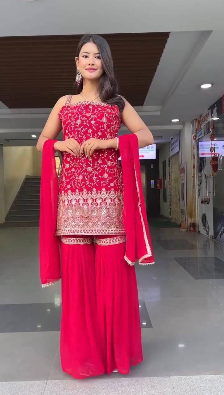 Sequence Work Red Colour Foux Gorgette Sharara suit Set