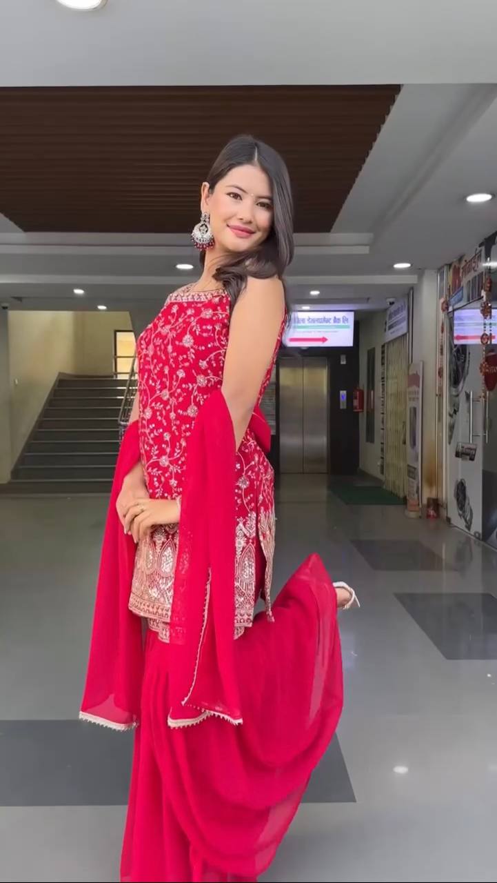 Sequence Work Red Colour Foux Gorgette Sharara suit Set