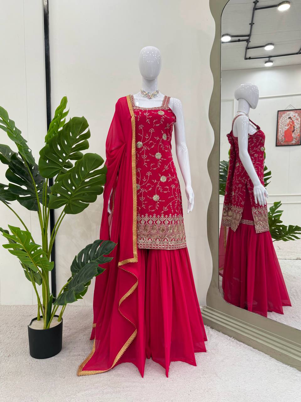 Sequence Work Red Colour Foux Gorgette Sharara suit Set