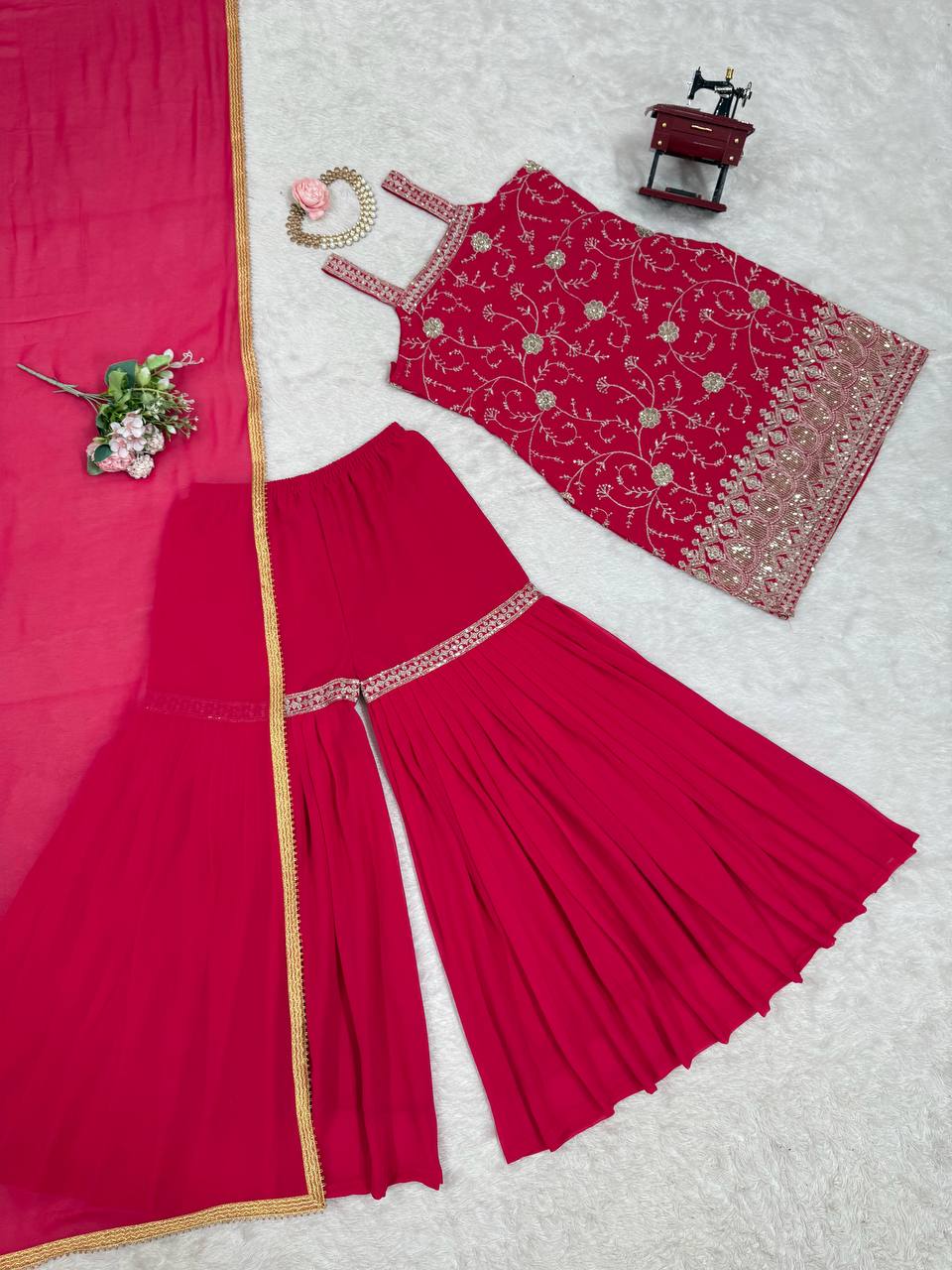 Sequence Work Red Colour Foux Gorgette Sharara suit Set