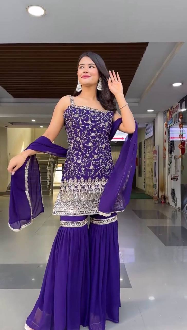 Purple Colour Foux Gorgette Sharara suit With Kurta and Dupatta