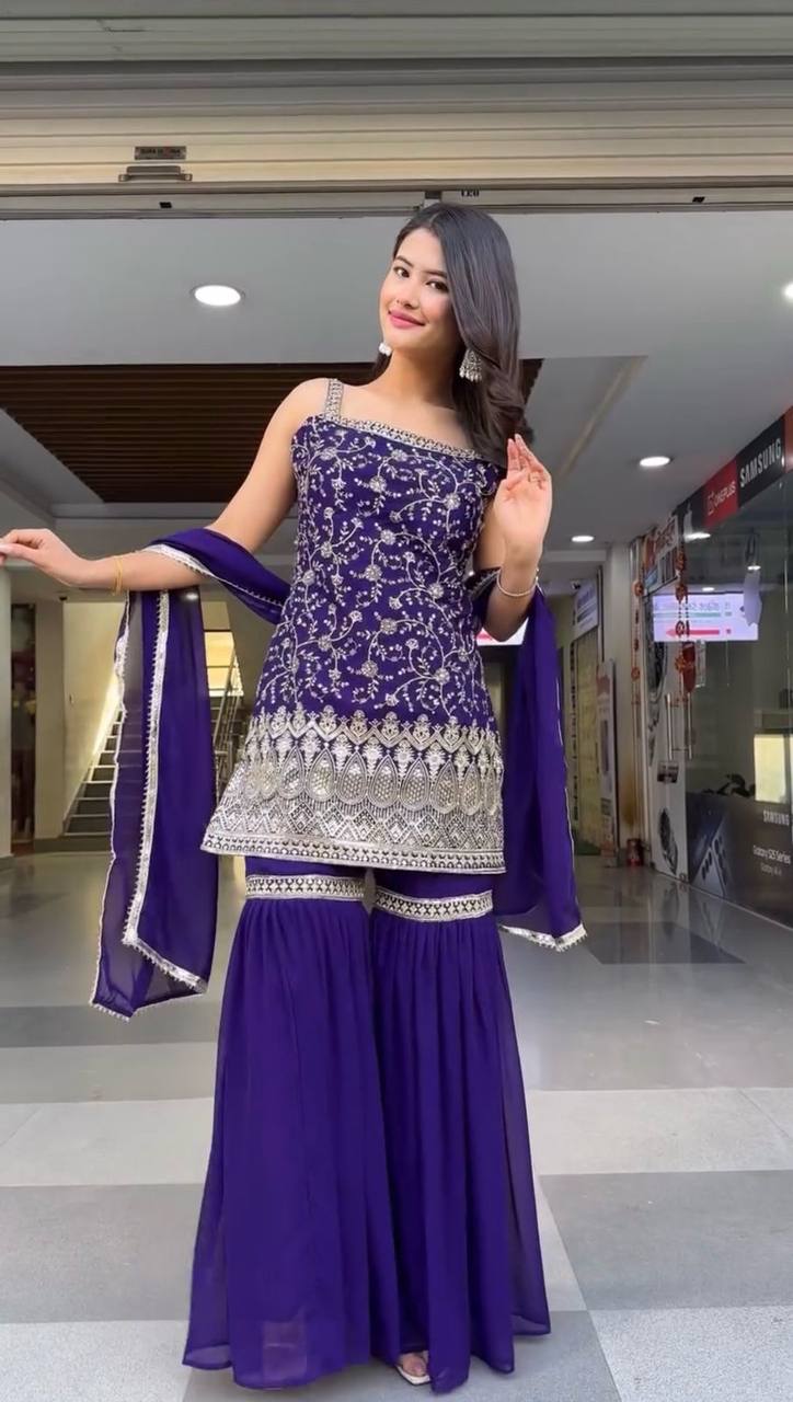 Purple Colour Foux Gorgette Sharara suit With Kurta and Dupatta