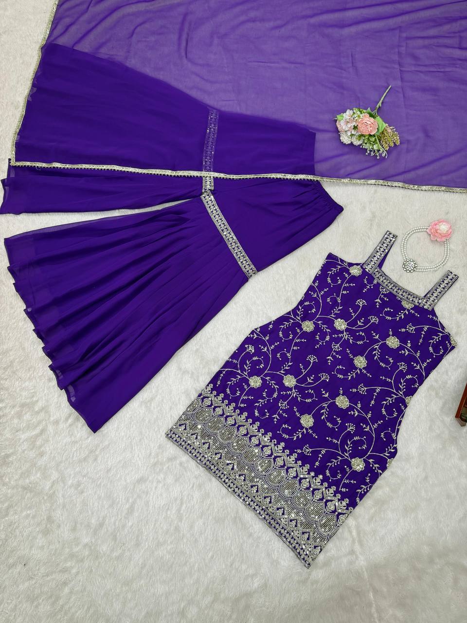 Purple Colour Foux Gorgette Sharara suit With Kurta and Dupatta
