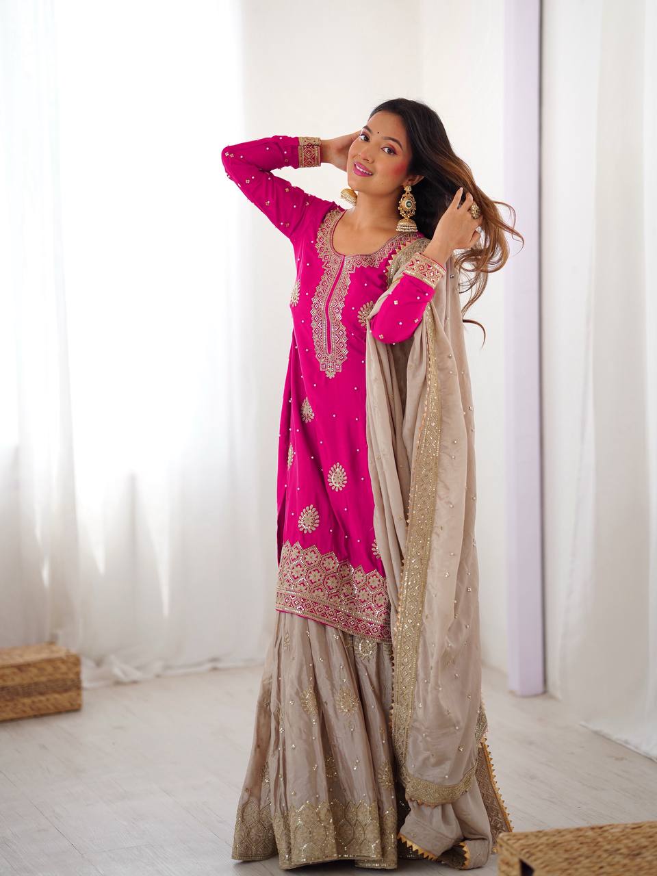Premium Rani Pink Color Sequnce With Pearl work Sharara Suit