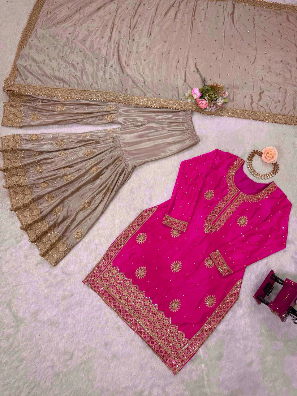 Premium Rani Pink Color Sequnce With Pearl work Sharara Suit