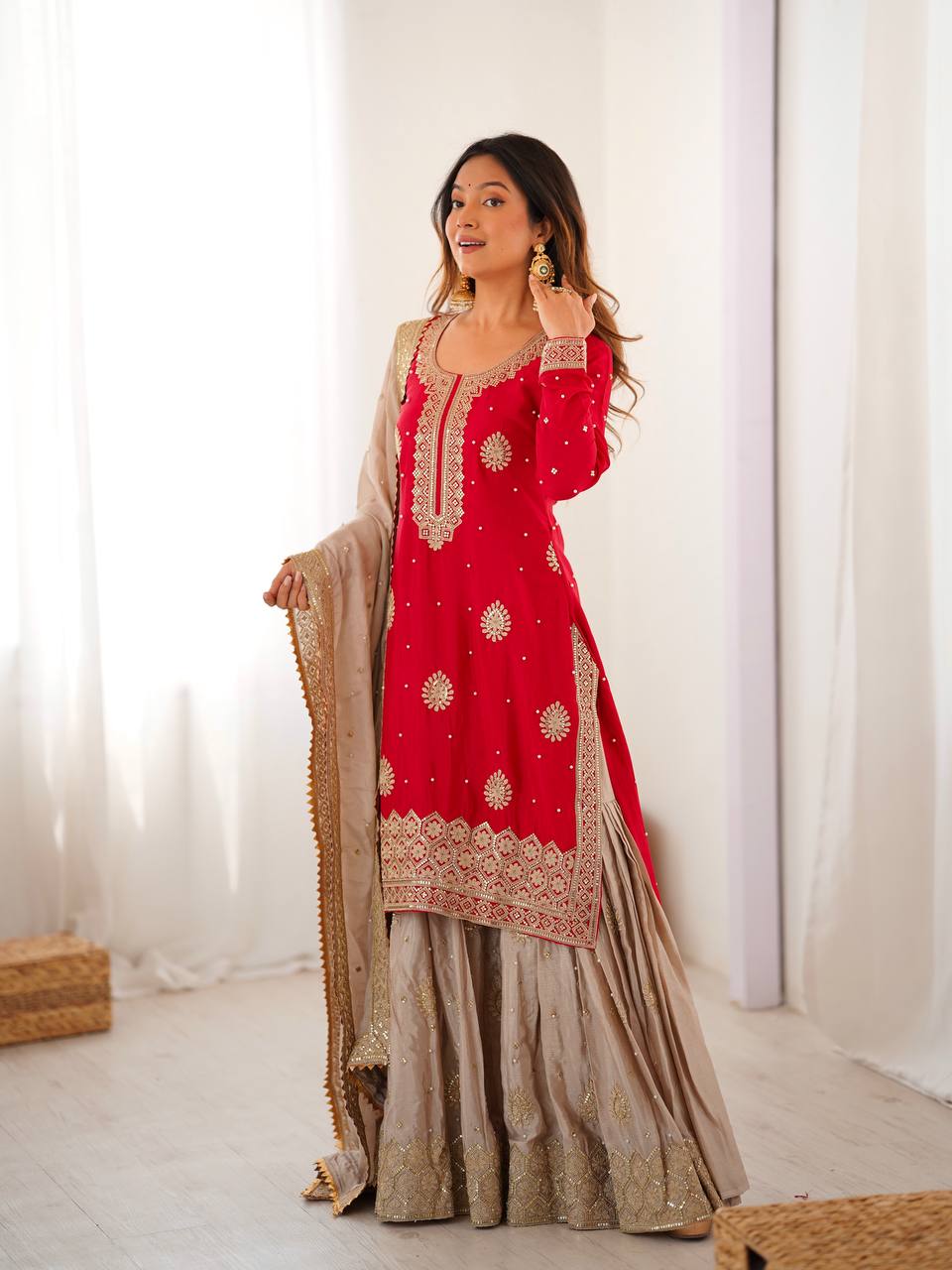 Stylish Red Color Sequnce With Pearl work Sharara Suit
