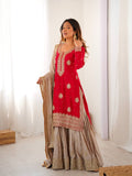 Stylish Red Color Sequnce With Pearl work Sharara Suit