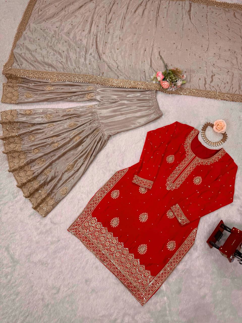 Stylish Red Color Sequnce With Pearl work Sharara Suit