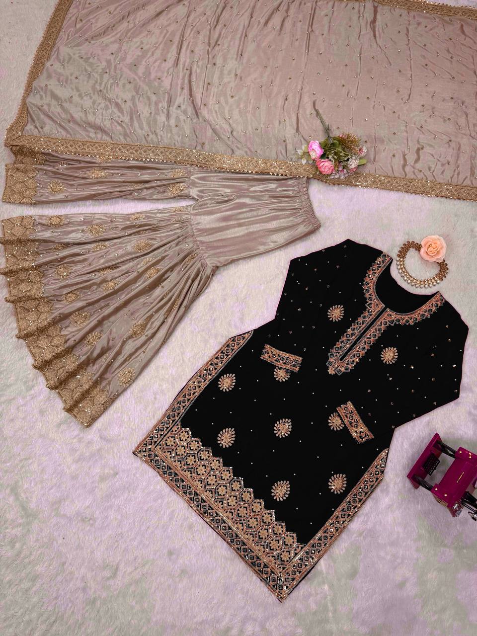 Elegant Black Color Pearl work Party Sharara Suit