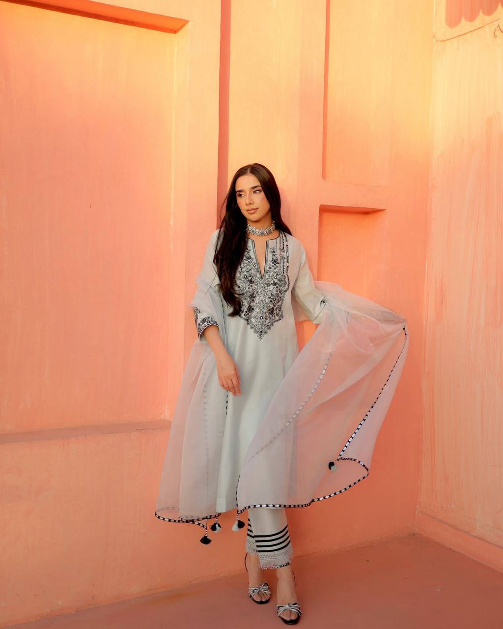 Mint Green Georgette Foil Paper work Three Piece Suit