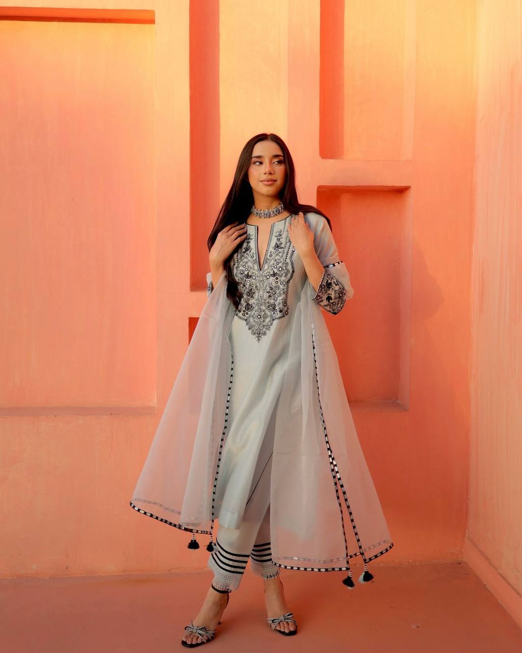 Mint Green Georgette Foil Paper work Three Piece Suit