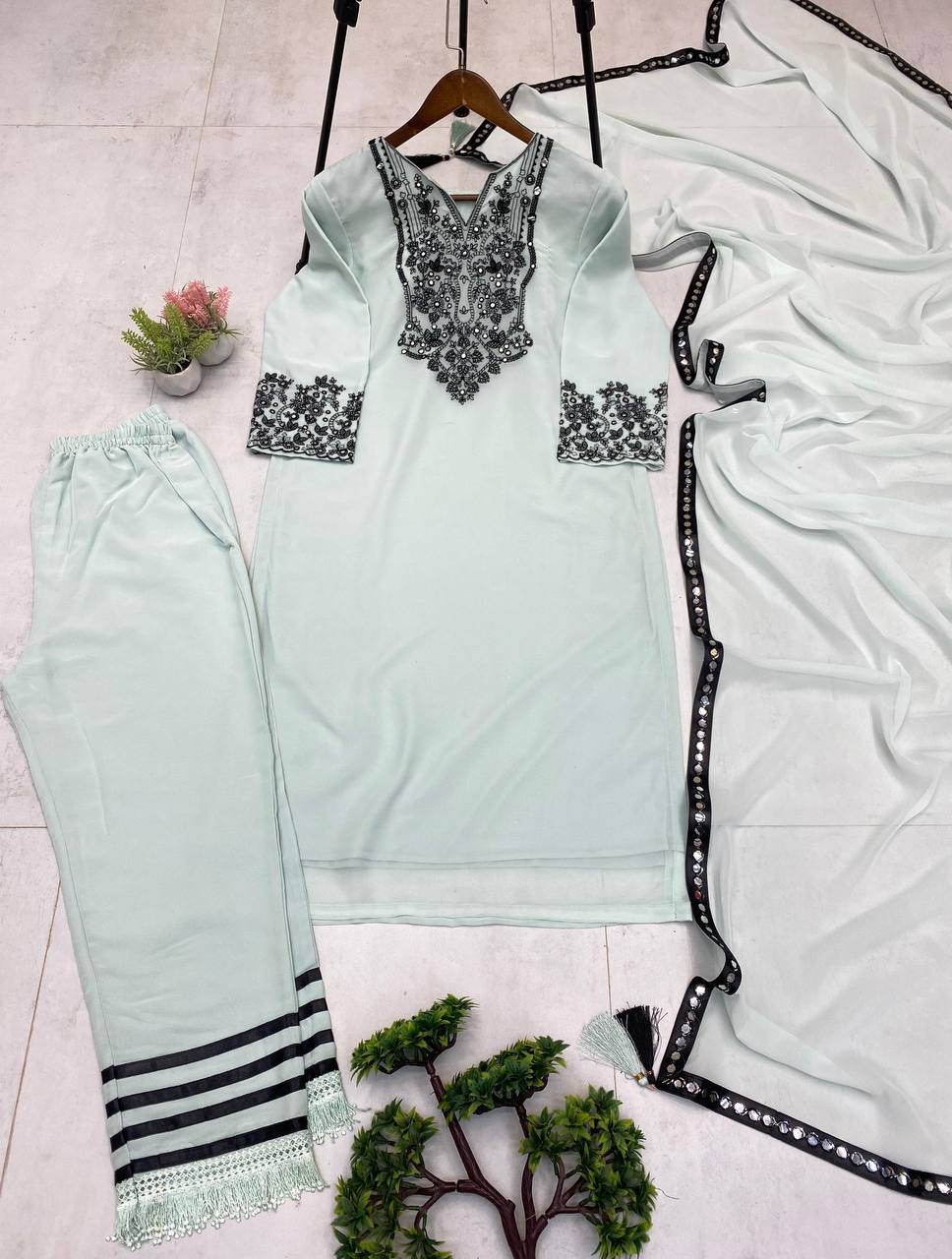 Mint Green Georgette Foil Paper work Three Piece Suit