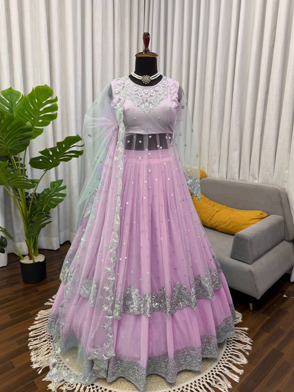 Rose Pink Foux Gorgette Embroidered Lehengha Set
