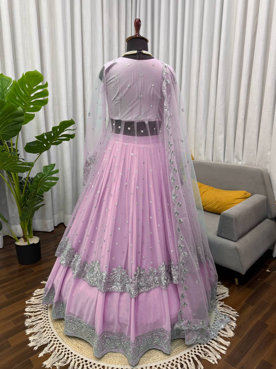 Rose Pink Foux Gorgette Embroidered Lehengha Set