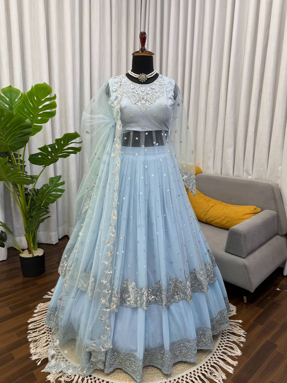 Designer Sky Blue Embroidered Lehengha With Dupatta Set