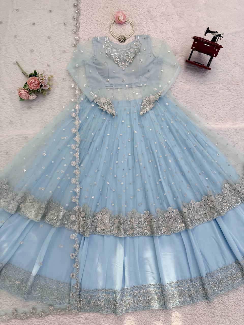 Designer Sky Blue Embroidered Lehengha With Dupatta Set
