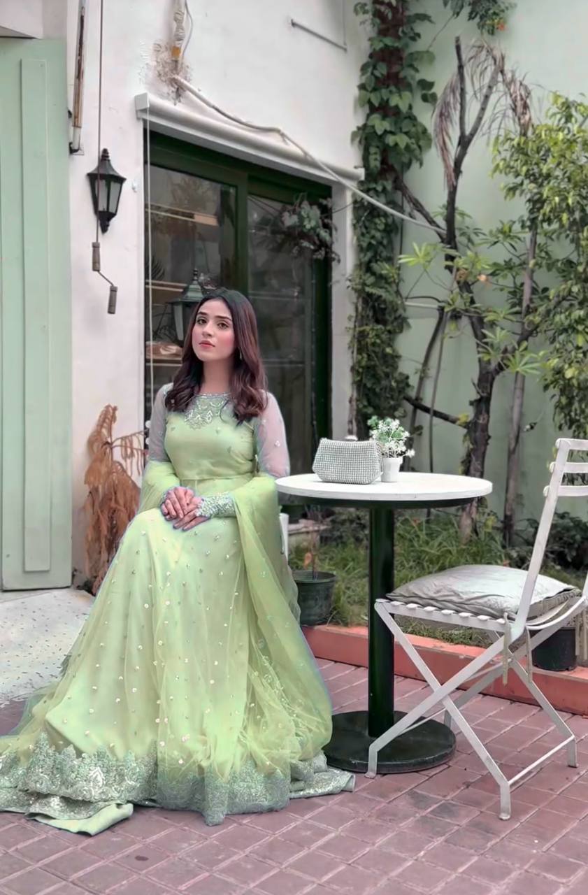 Magnificent Pista Colour Foux Gorgette With Thread Work Lehengha Set