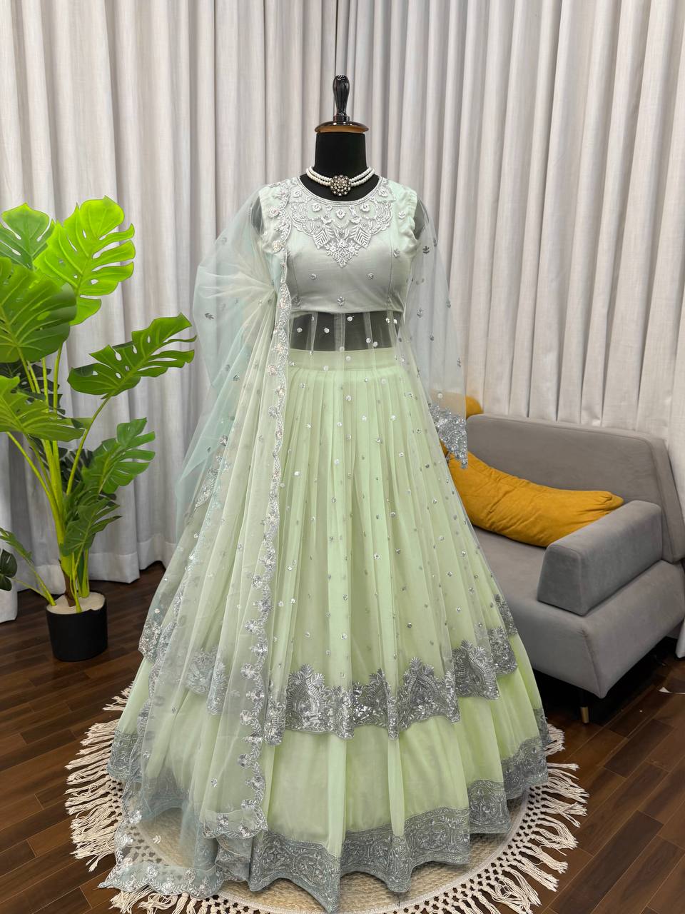 Magnificent Pista Colour Foux Gorgette With Thread Work Lehengha Set