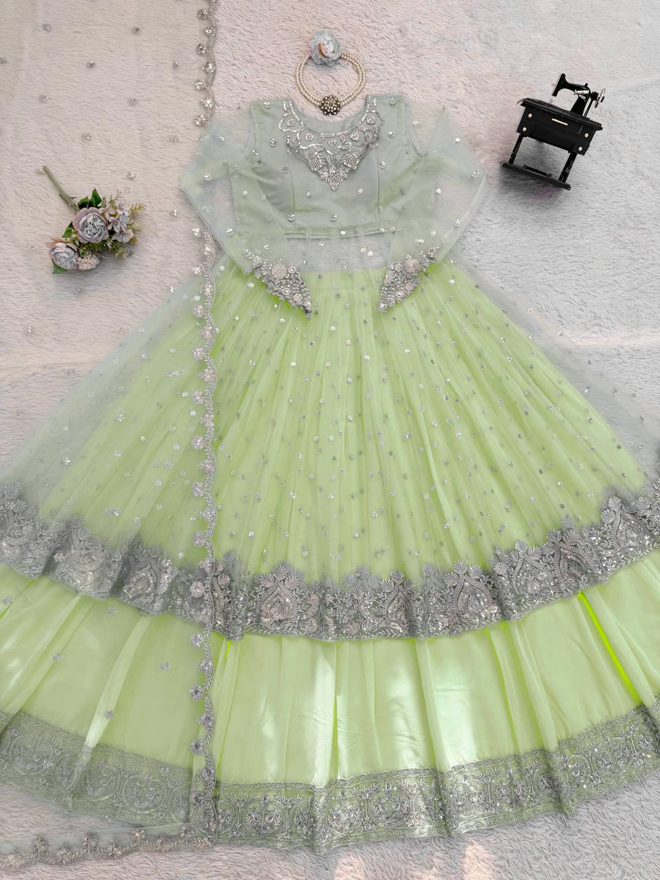 Magnificent Pista Colour Foux Gorgette With Thread Work Lehengha Set