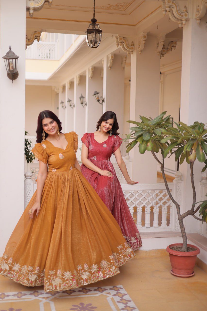 Stunning Mustard Color embroidery work Festive Gown
