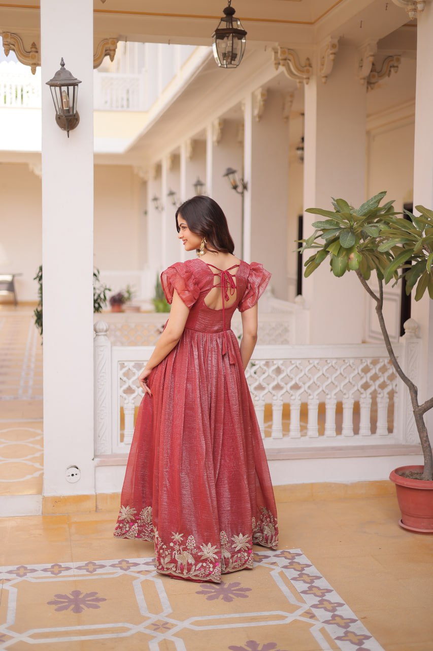 Stylish Dark Peach Color embroidery work Festive Gown