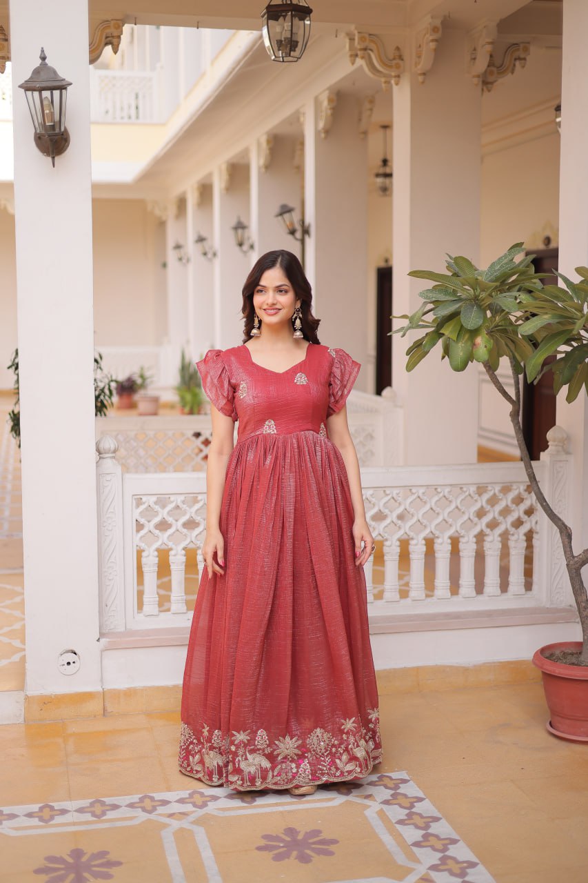 Stylish Dark Peach Color embroidery work Festive Gown