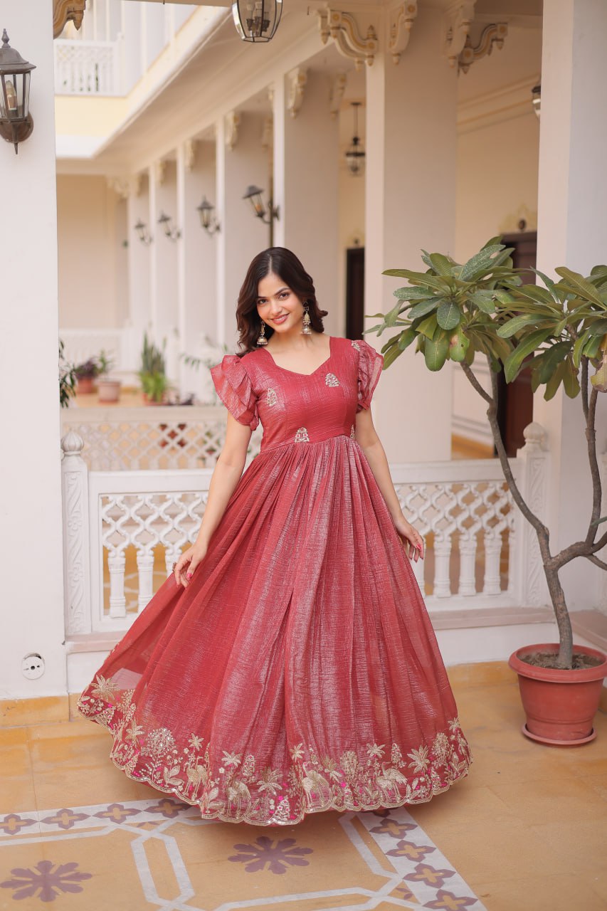 Stylish Dark Peach Color embroidery work Festive Gown