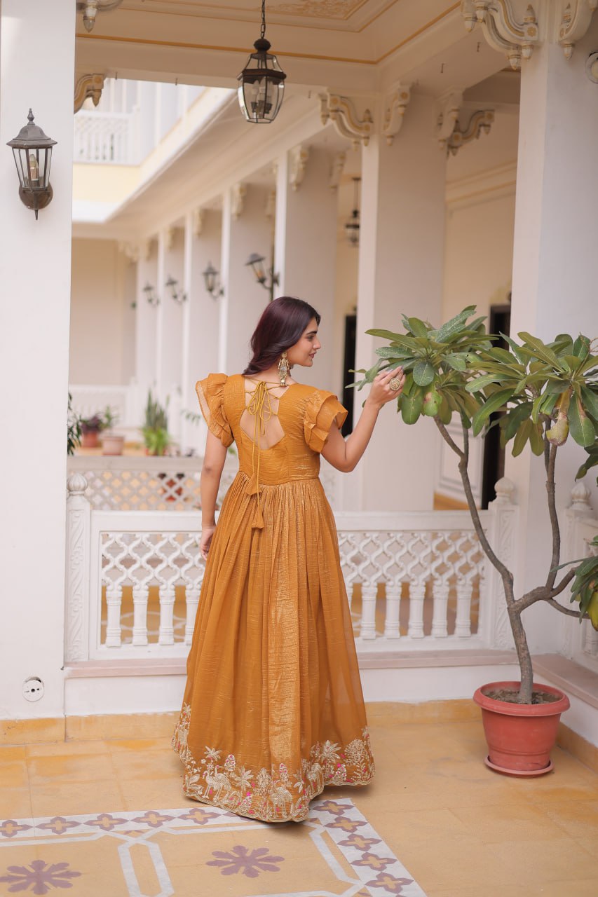Stunning Mustard Color embroidery work Festive Gown