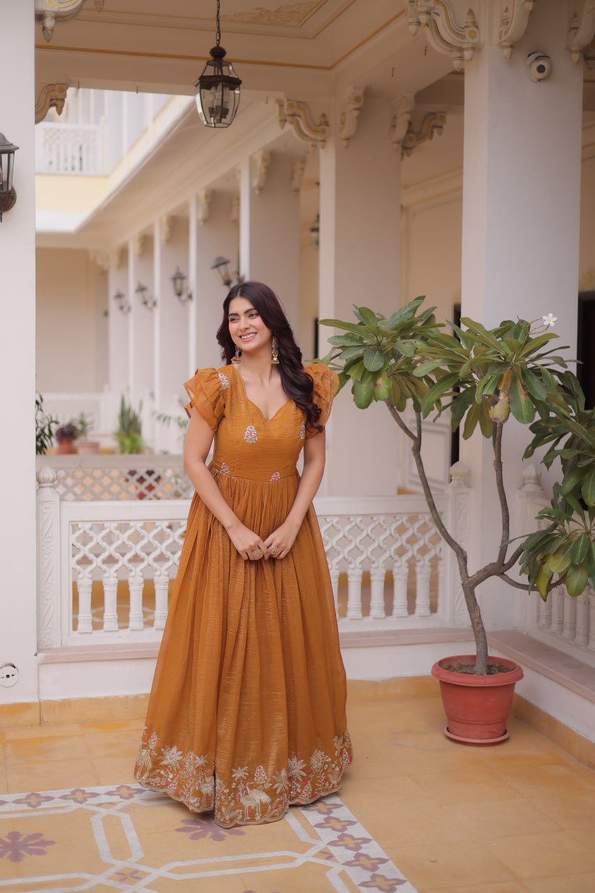Stunning Mustard Color embroidery work Festive Gown