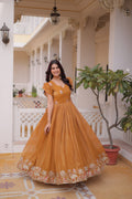 Stunning Mustard Color embroidery work Festive Gown