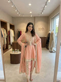 Elegance Peach Color Suit Set With Embroidered Tulip Dhoti And Dupatta