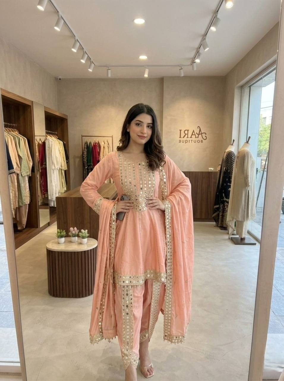 Elegance Peach Color Suit Set With Embroidered Tulip Dhoti And Dupatta