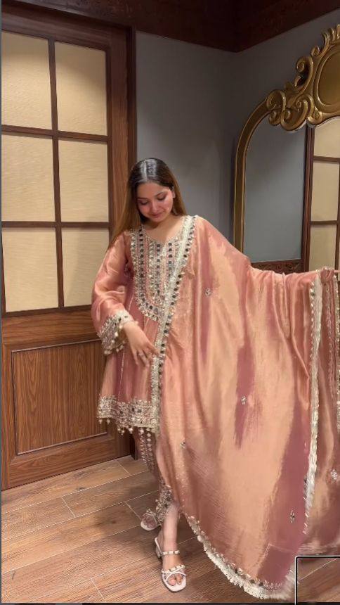 Elegance Peach Color Suit Set With Embroidered Tulip Dhoti And Dupatta