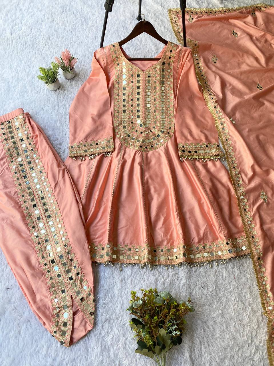 Elegance Peach Color Suit Set With Embroidered Tulip Dhoti And Dupatta