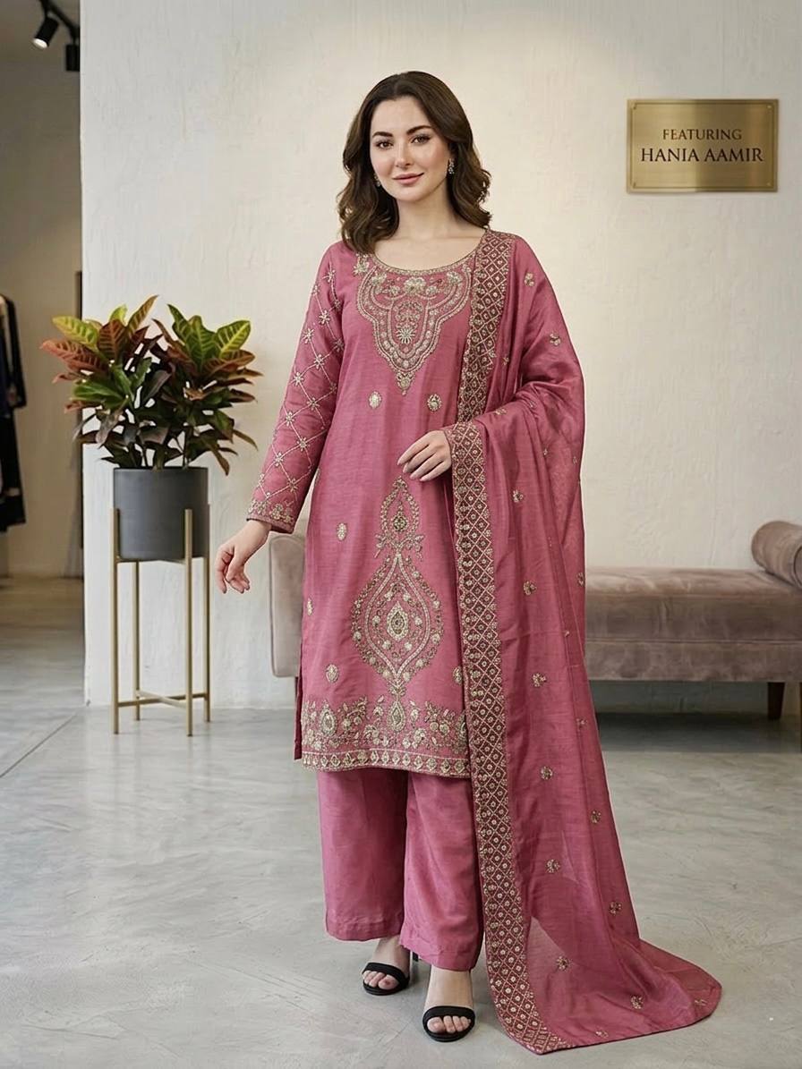 Pink Colour Heavy Embroidery Beads Kurta Plazzo Sets