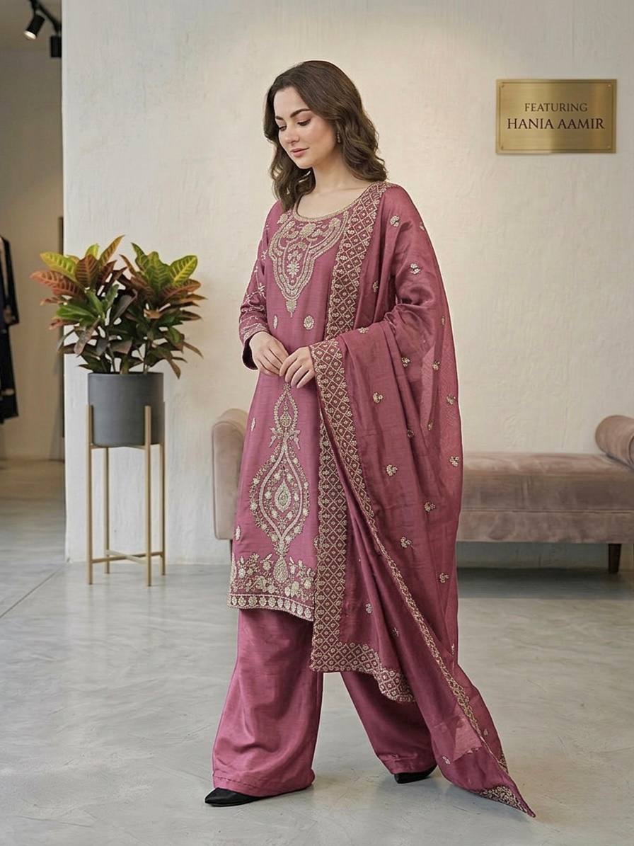 Pink Colour Heavy Embroidery Beads Kurta Plazzo Sets