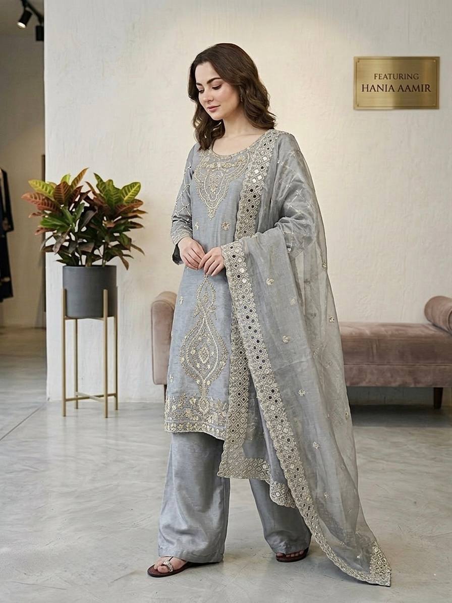 Elegant Silver Grey Embroidery Work Sharara Suit