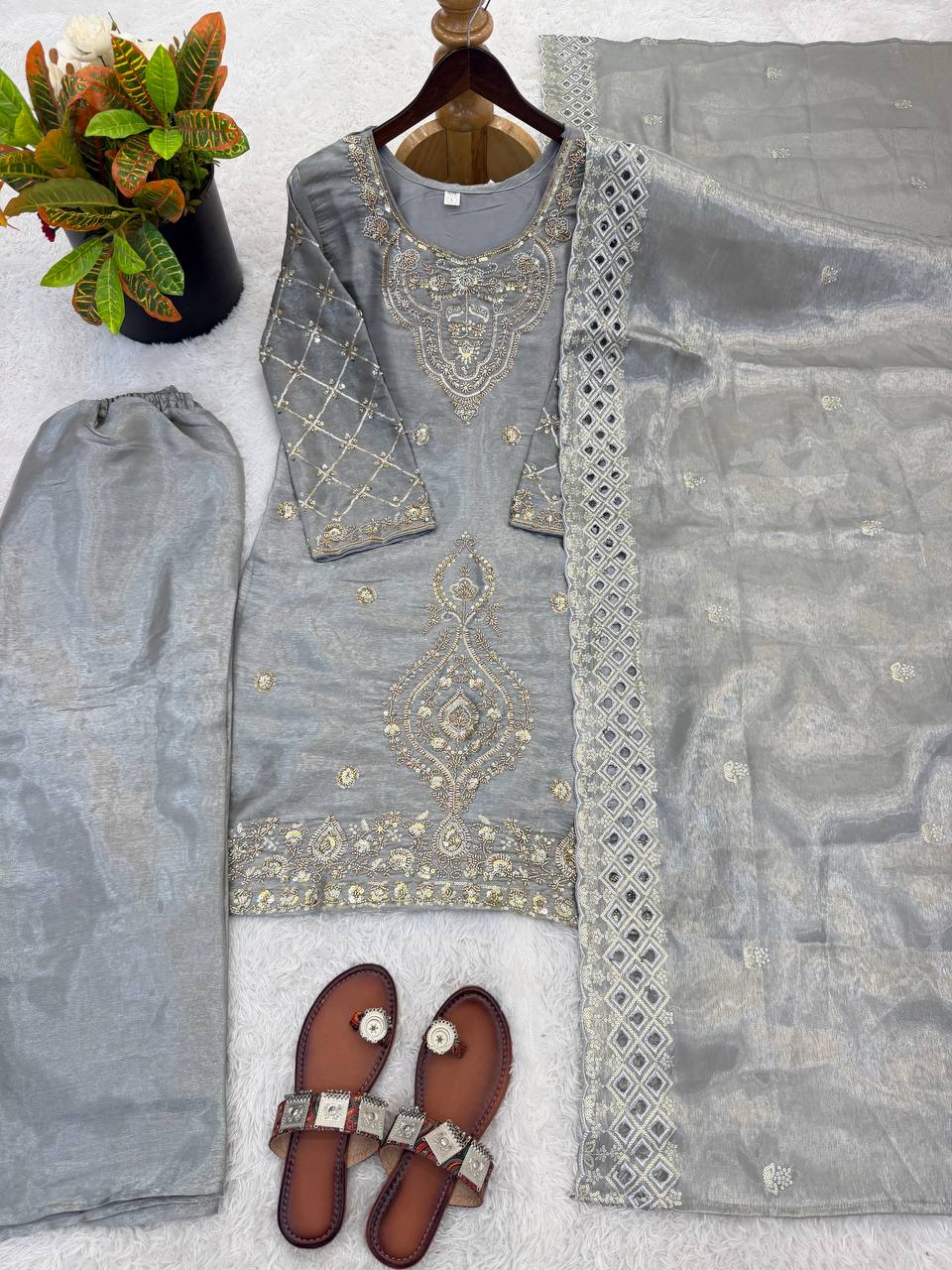 Elegant Silver Grey Embroidery Work Sharara Suit