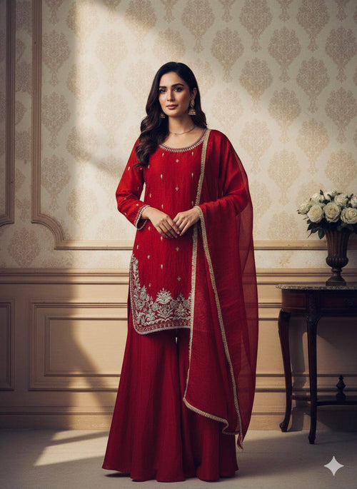 Amazing Red Color Sequence Embroidery Plazzo suit set