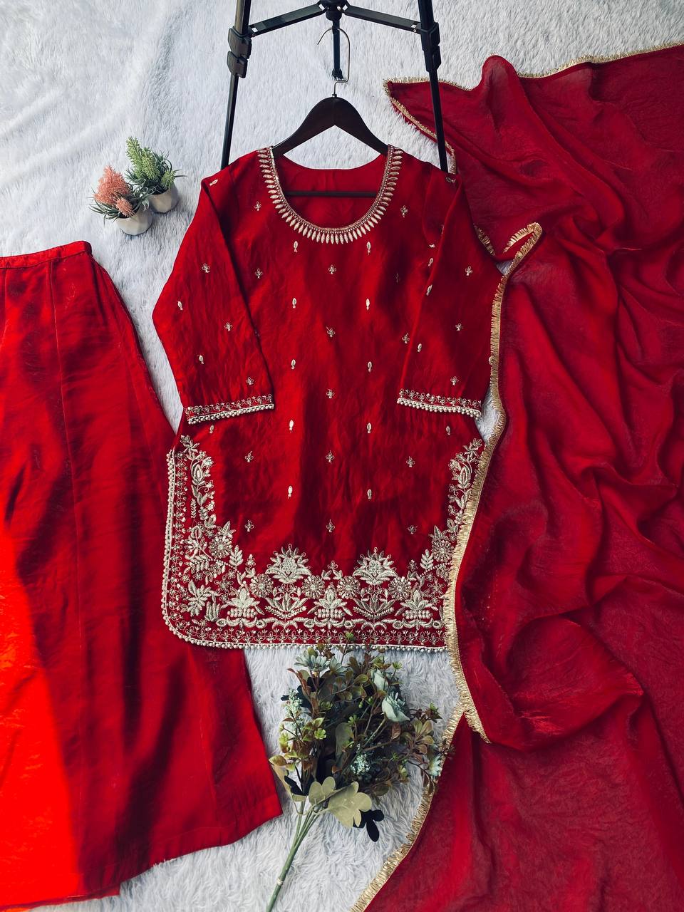 Amazing Red Color Sequence Embroidery Plazzo suit set