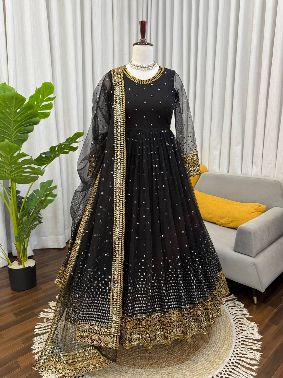 Designer Black Color Sequence Thread Heavy Work Anarkali Gown