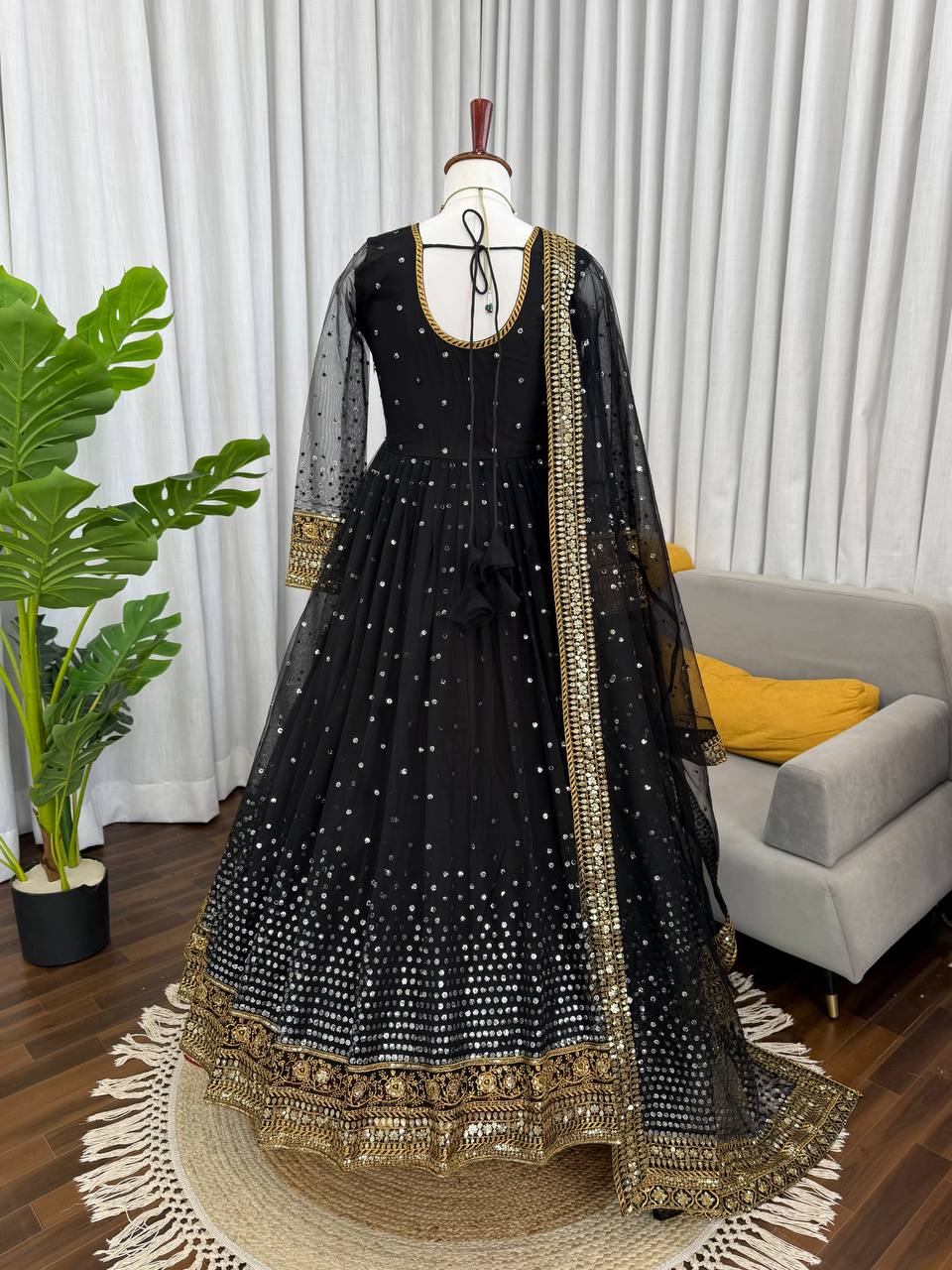 Designer Black Color Sequence Thread Heavy Work Anarkali Gown