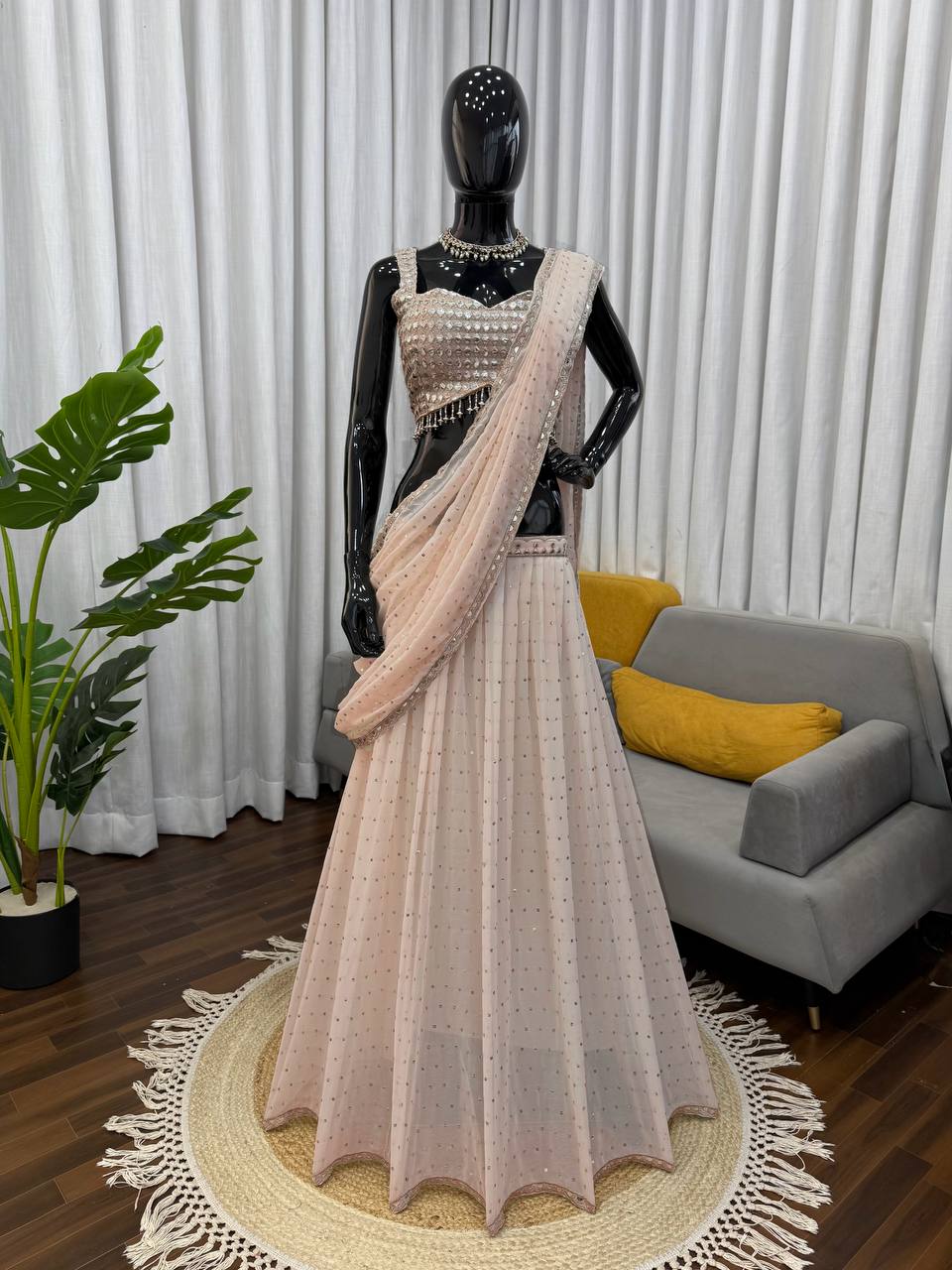 Elegant Champagne Gold Foux Gorgette Fabric Lehenga Saree Set
