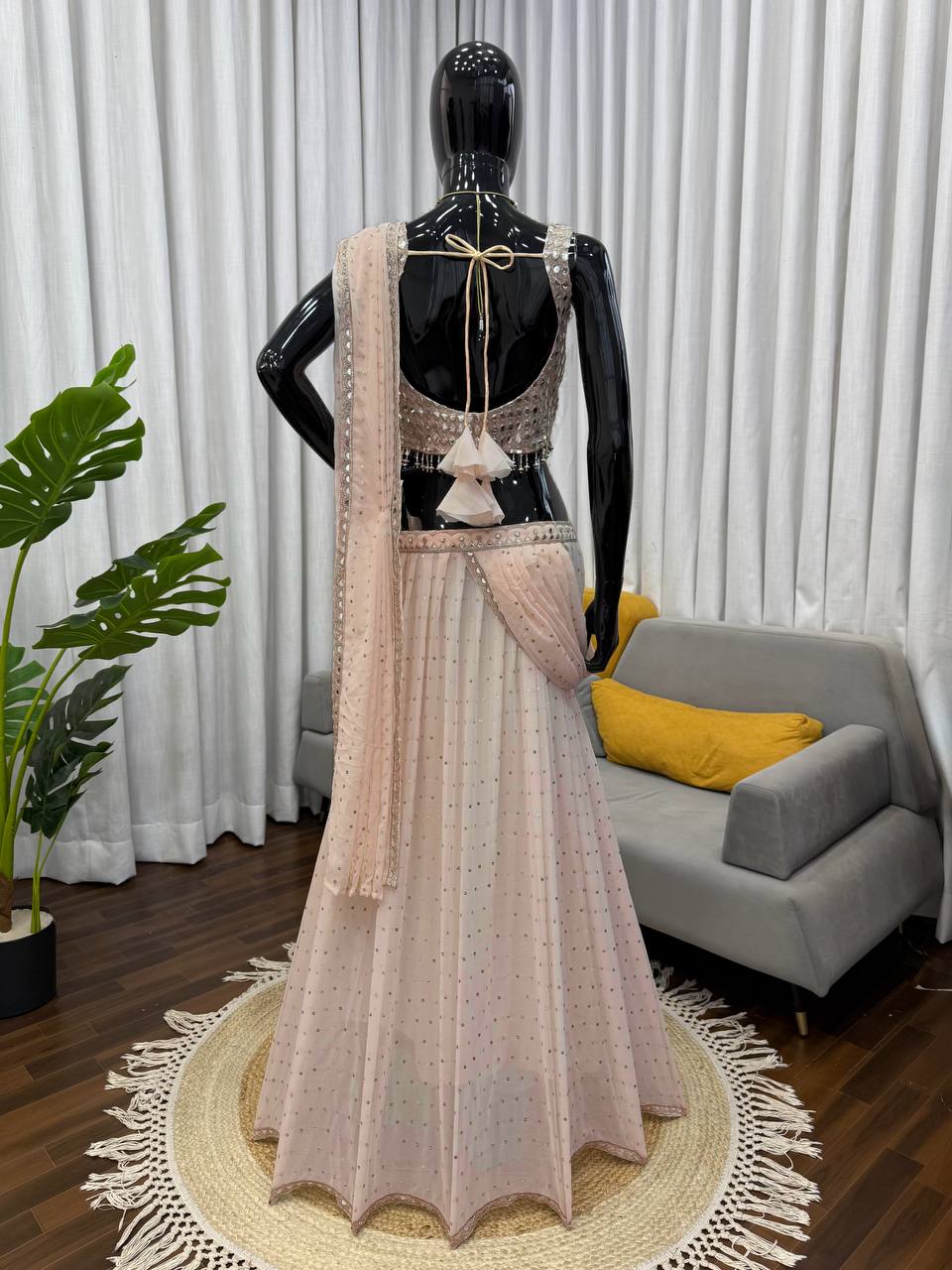 Elegant Champagne Gold Foux Gorgette Fabric Lehenga Saree Set