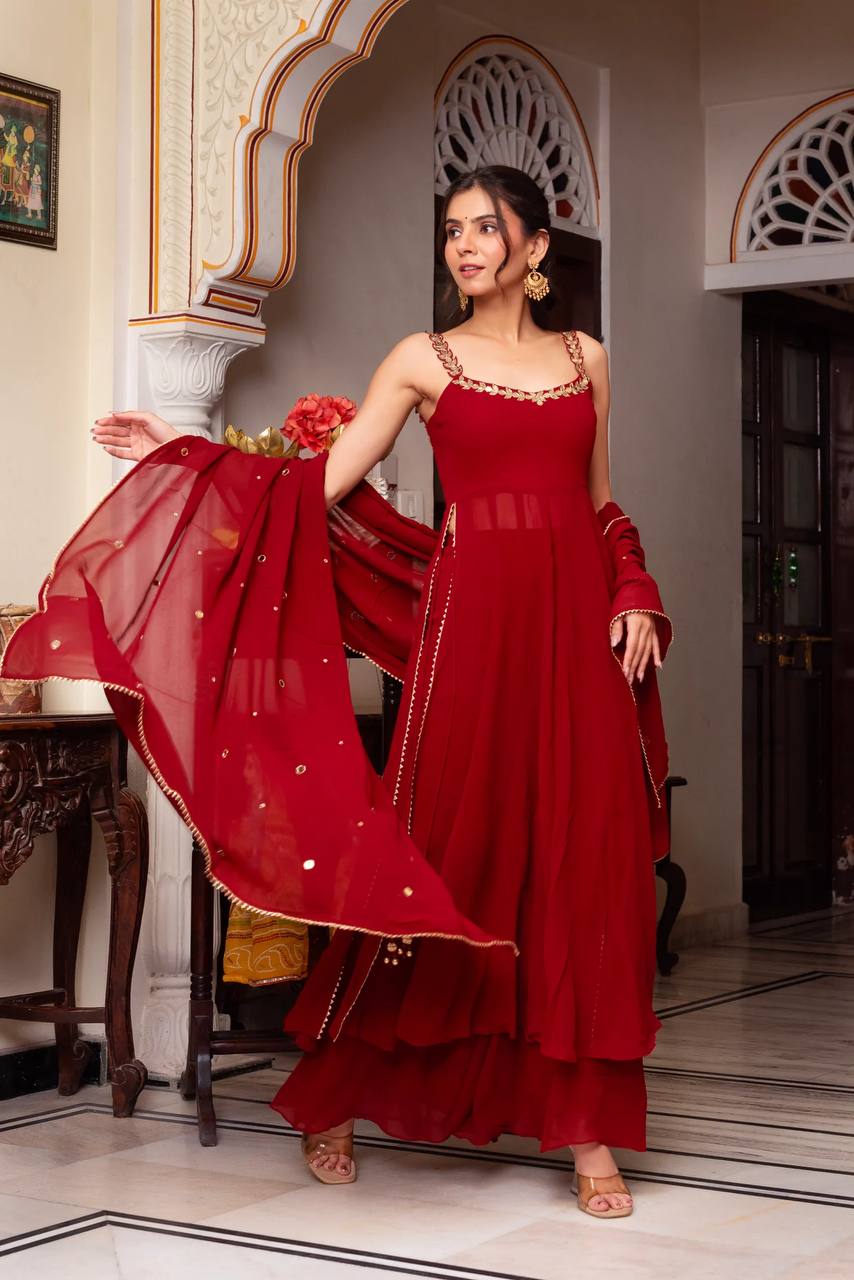 Hand Work Royal Red Foux Gorgette Plazzo Suit Set