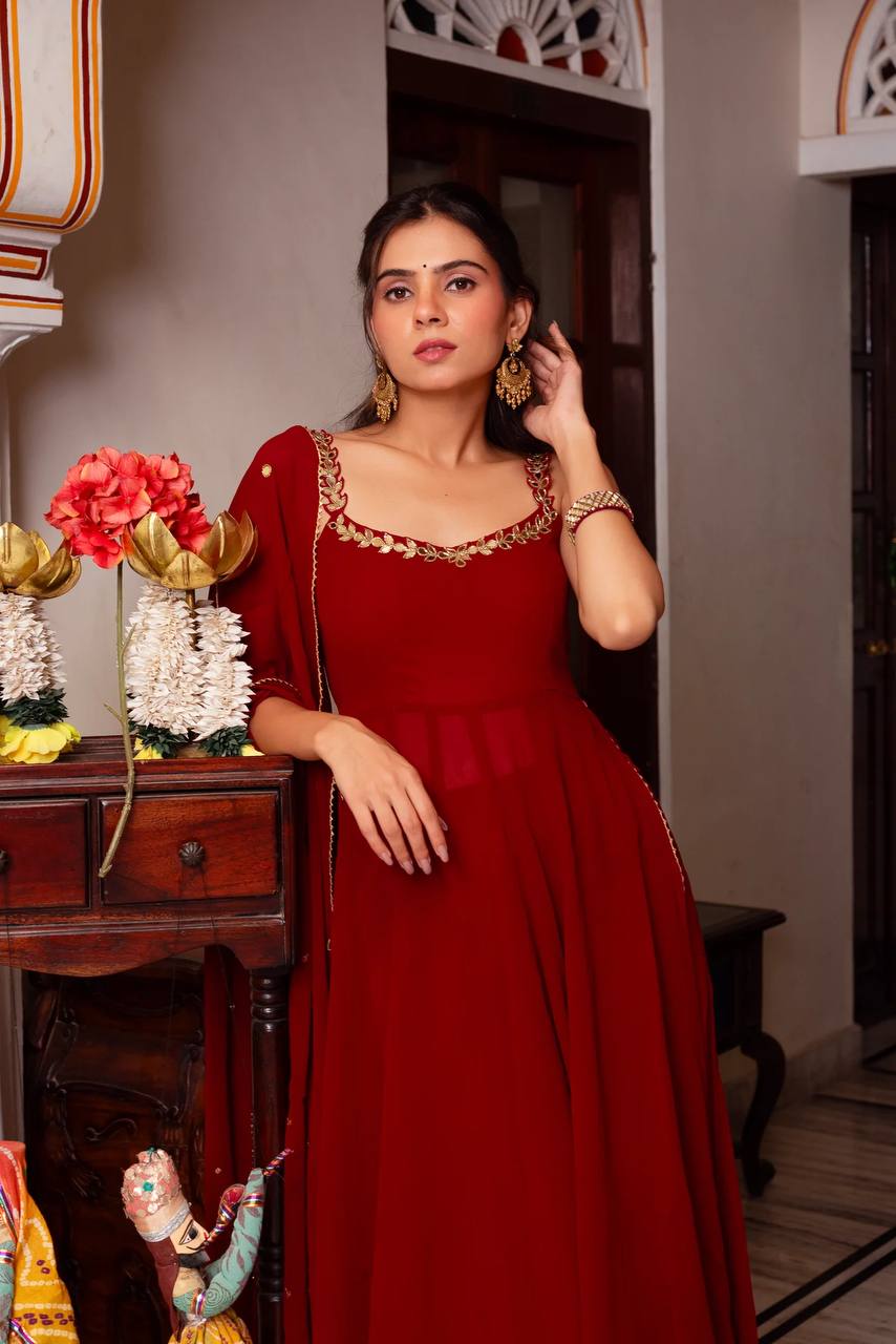 Hand Work Royal Red Foux Gorgette Plazzo Suit Set
