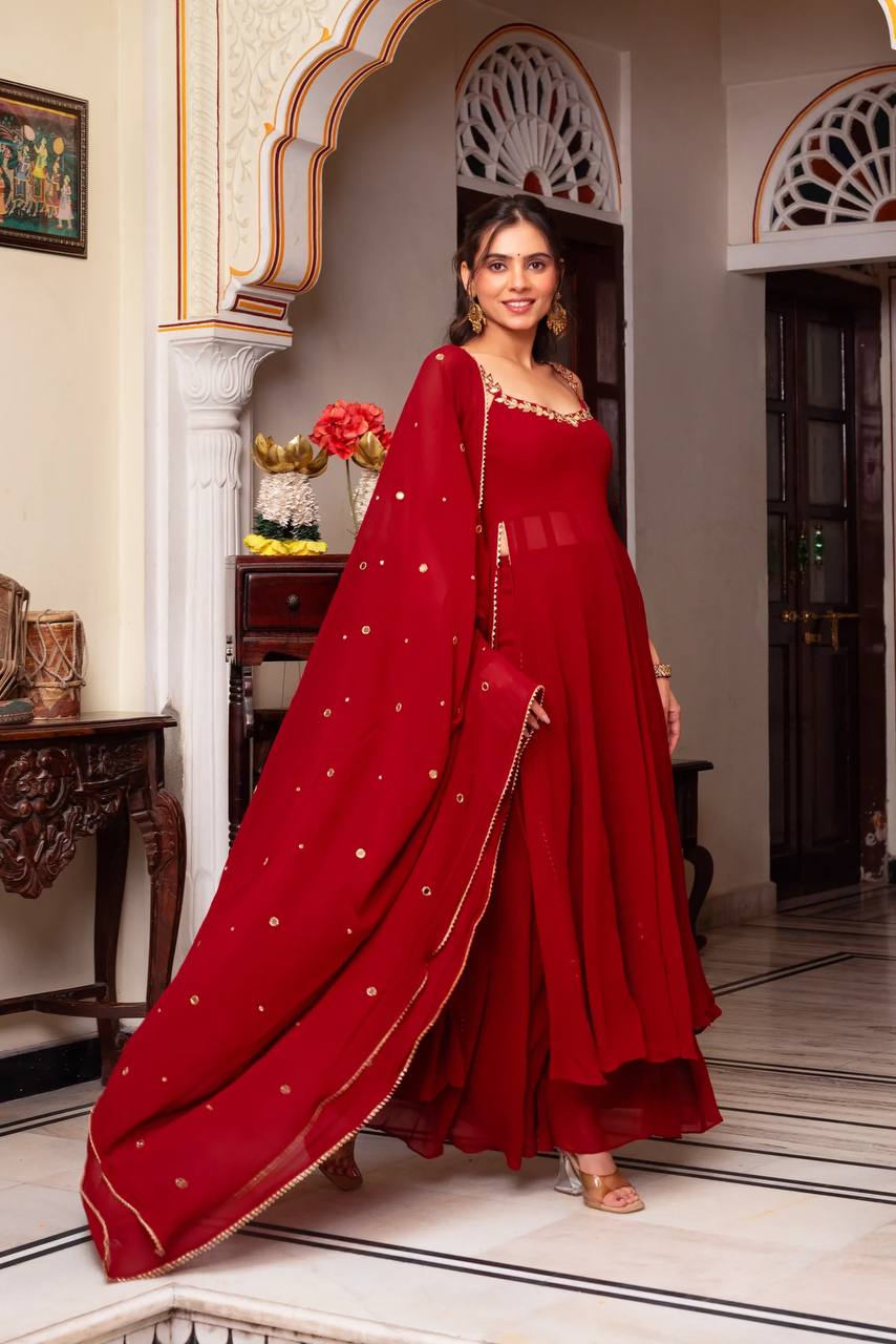 Hand Work Royal Red Foux Gorgette Plazzo Suit Set