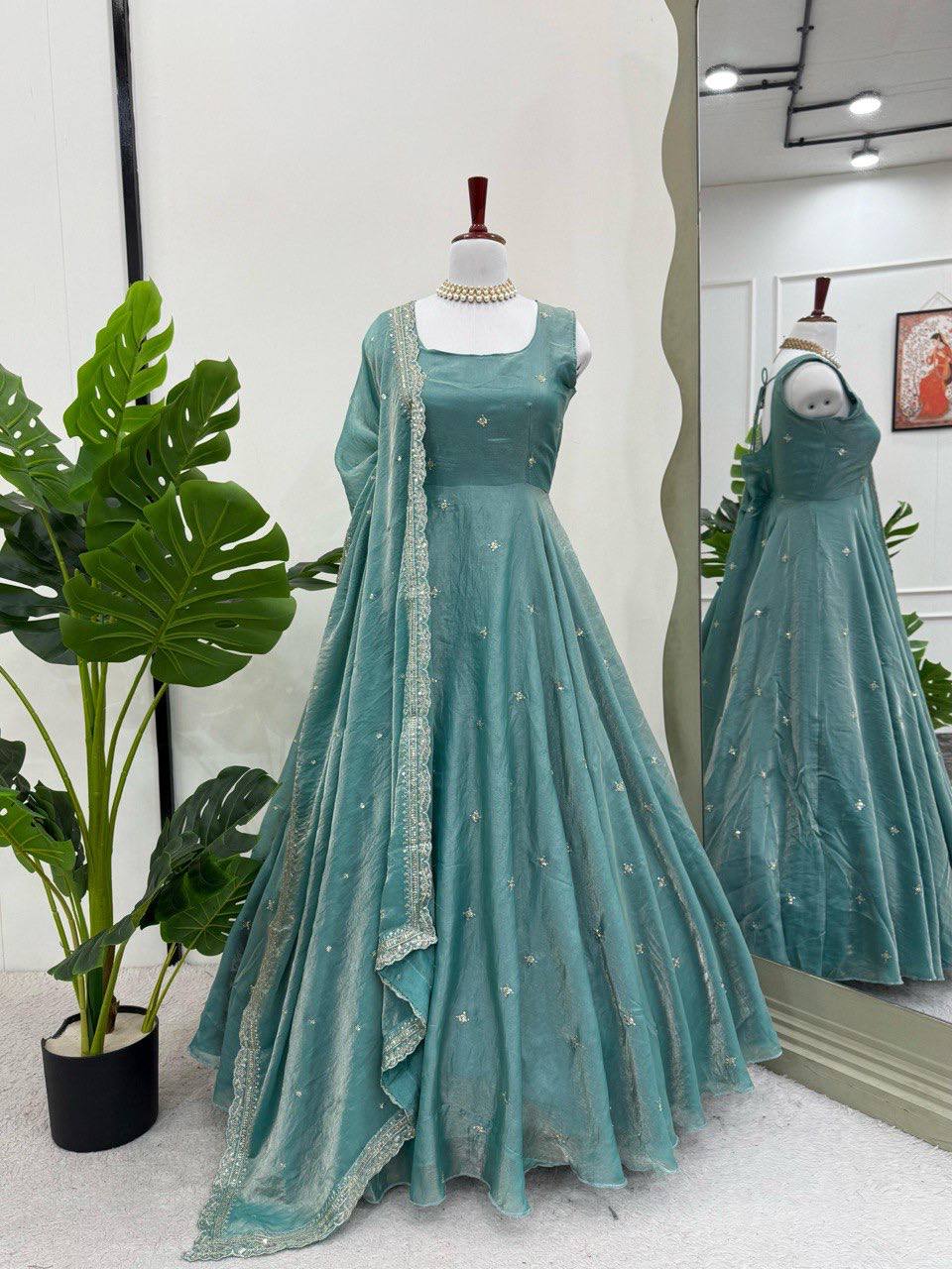 Ceremony Wear Sea Green Sequence Work Gown With Dupatta