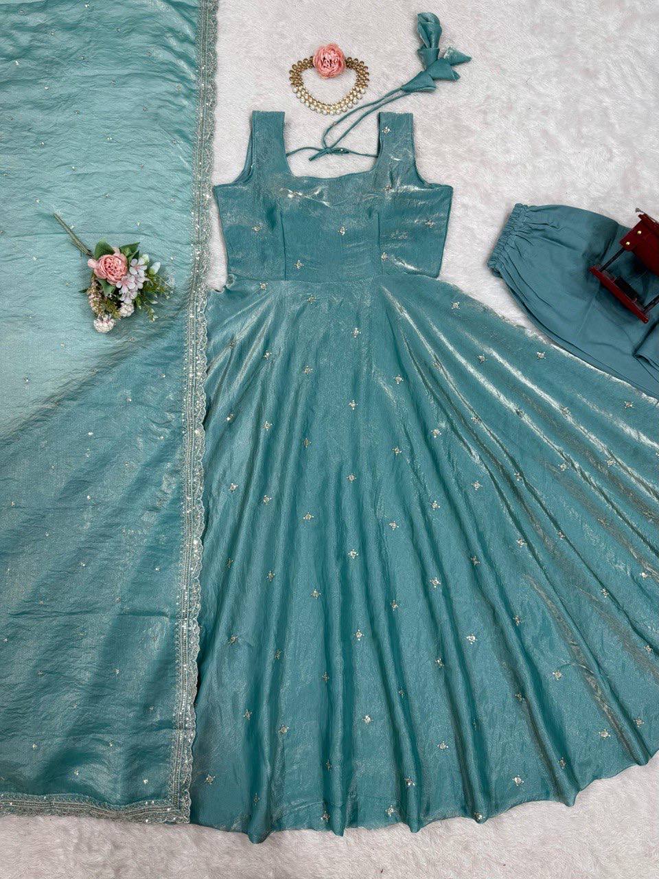 Ceremony Wear Sea Green Sequence Work Gown With Dupatta
